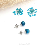 boucles oreilles puces résine et fleurs séchées dentelle roi bleu turquoise (2)