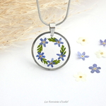 collier chaine acier inoxydable composition florale cercle myosotis bleu (3)