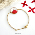 bracelet chaine acier inox doré fleur séchée ixora martinique rouge  cercle rond