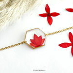 bracelet chaine acier inox doré fleur séchée ixora martinique rouge  hexagone (3)