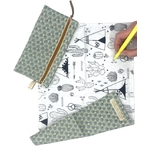 set coloriage lavable et trousse coton enduit doublé artisanal france vert eau feutre