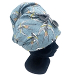 turban bain eponge bambou seche cheveux artisanal france gris oiseaux multicolores bleu