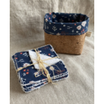 Semainier lingettes demaquillantes bambou coton et panier liege artisanal poissons bleu marine