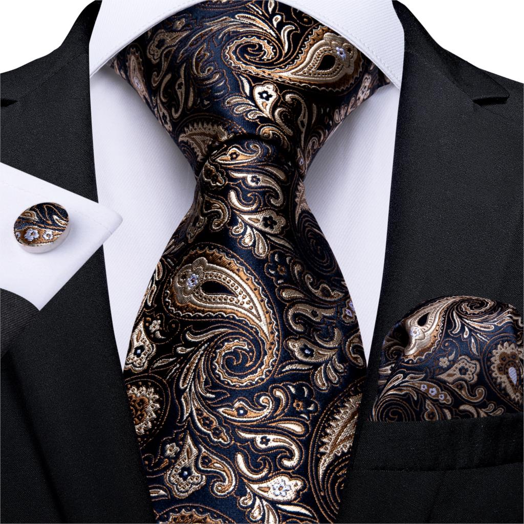 Cravate-Paisley-bleu-or-pour-hommes-Boutons-de-manchette-Hanky-en-soie-cravate-pour-hommes-ensemble