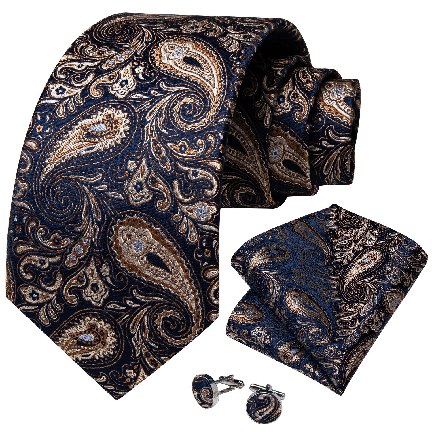 Cravate-Paisley-bleu-or-pour-hommes-Boutons-de-manchette-Hanky-en-soie-cravate-pour-hommes-ensemble