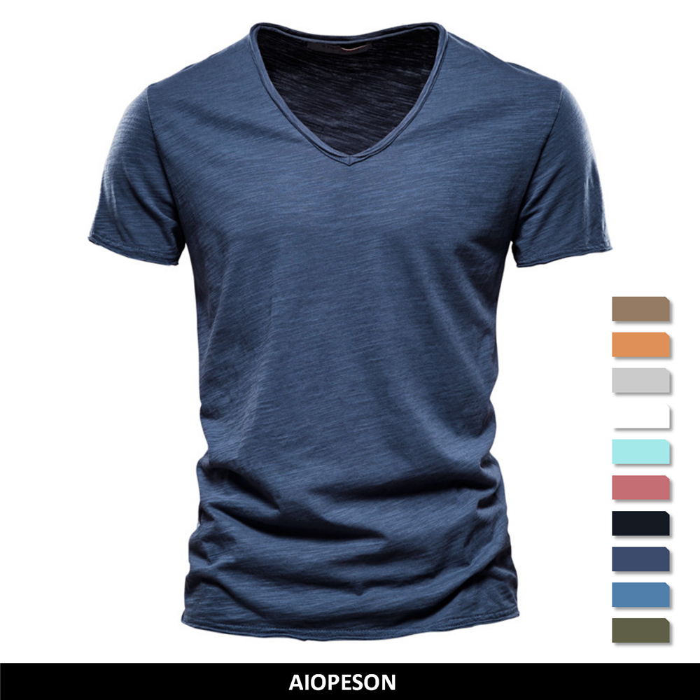 Qualit-de-la-marque100-coton-t-shirt-homme-de-marque-Col-en-V-mode-homme-Coupe
