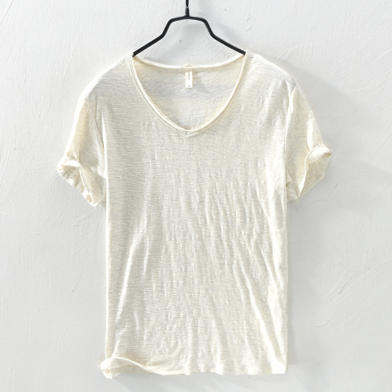 T-Shirt-Manches-Courtes-pour-Homme-V-tement-100-en-Coton-Col-en-V-Couleur-Unie