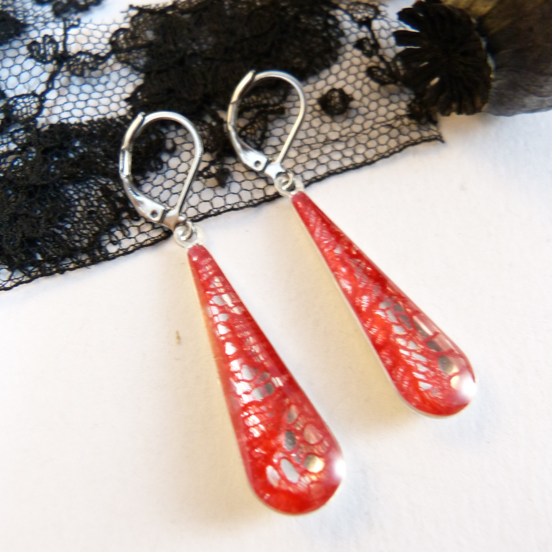 Boucles doreilles-argent-dentelle-goutte