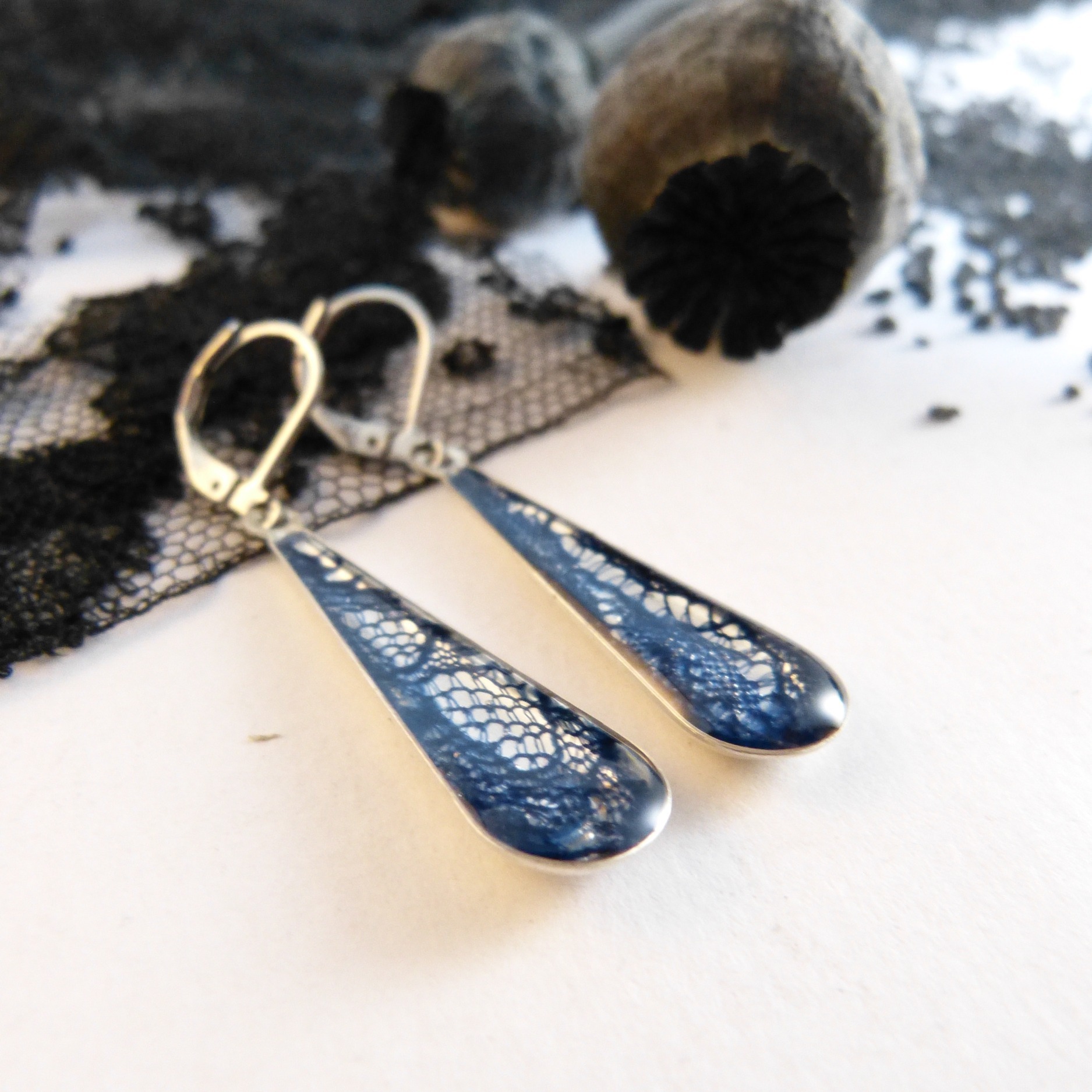 Boucles doreilles-argent-dentelle-goutte