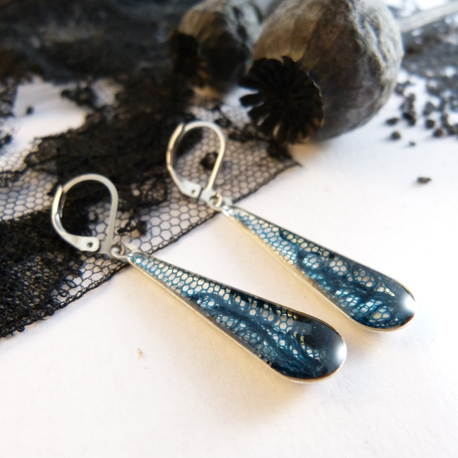 Boucles doreilles-argent-dentelle-goutte