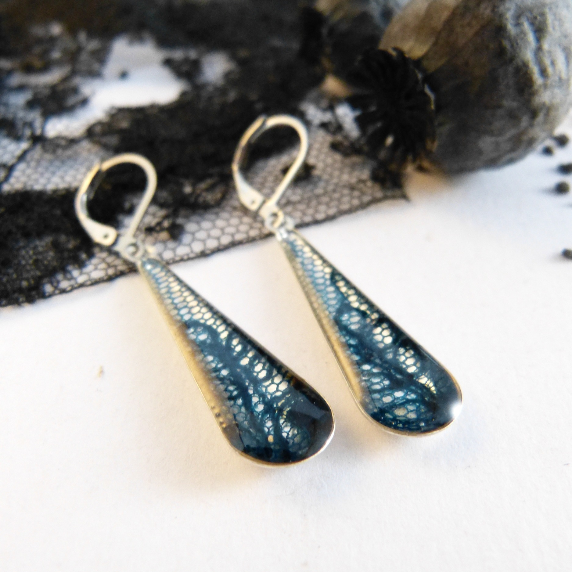 Boucles doreilles-argent-dentelle-goutte