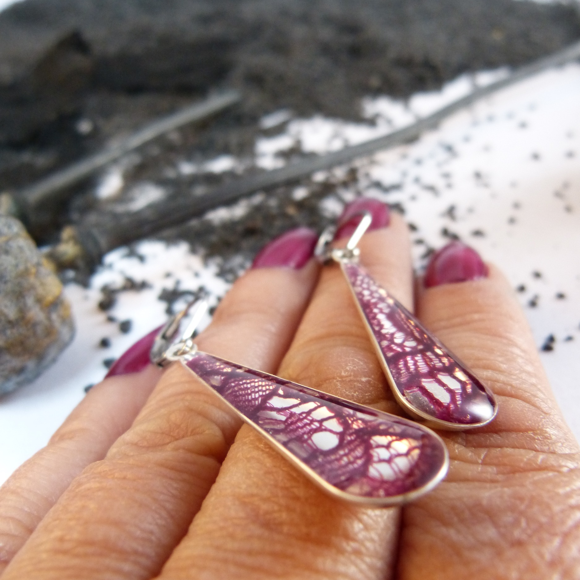 Boucles doreilles-argent-dentelle-goutte