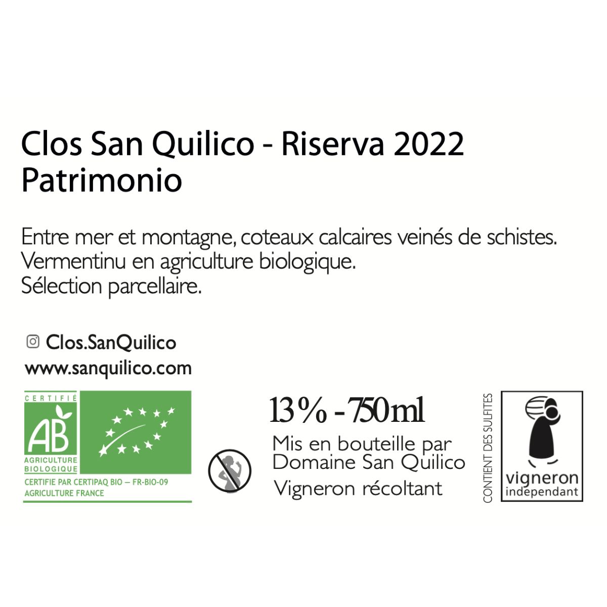 Contre etiquette riserva san quilico