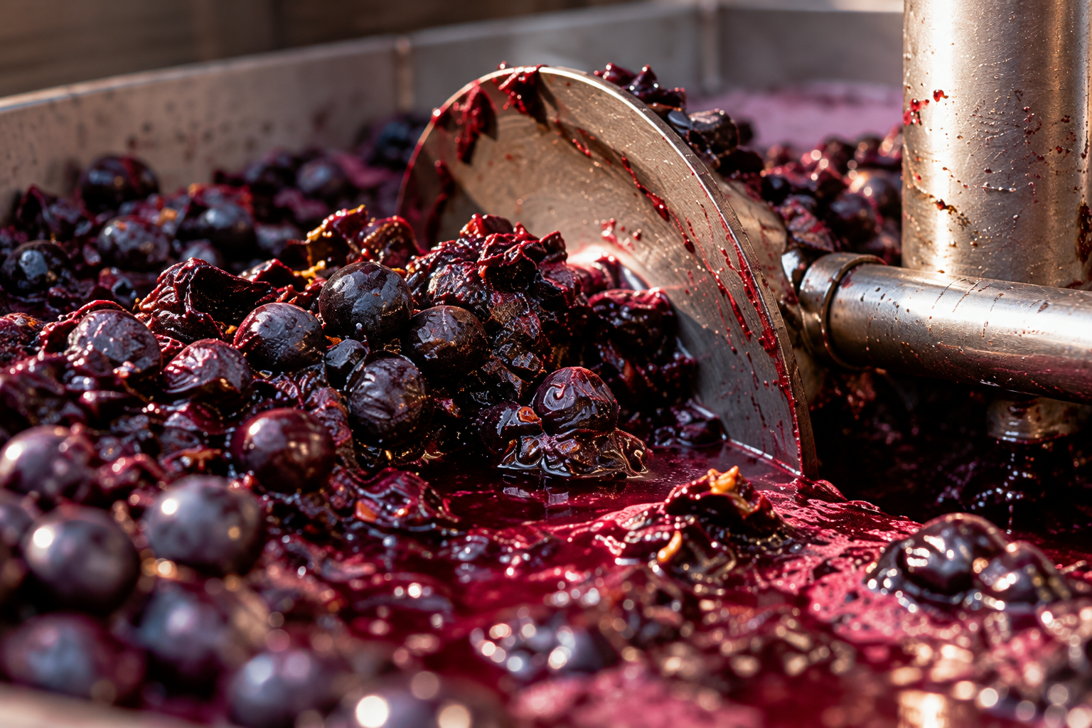Foulage de raisins noirs au chai