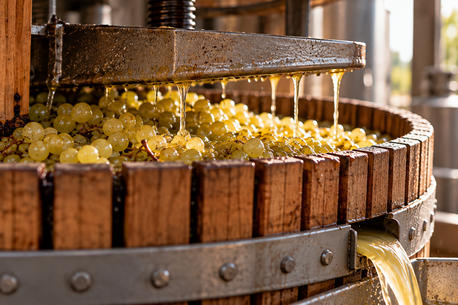 Pressurage de raisins blancs et extraction du jus