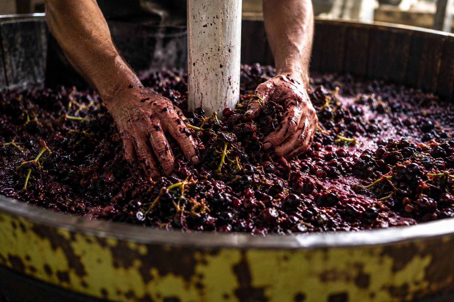 Travail manuel des raisins noirs dans une cuve lors de la vinification