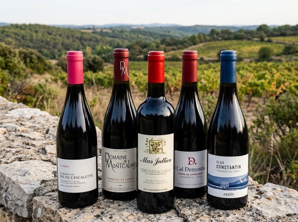 Cinq bouteilles des grands domaines des Terrasses du Larzac