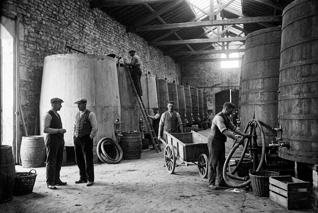 Scène historique de travail dans un chai, avec cuves et vignerons