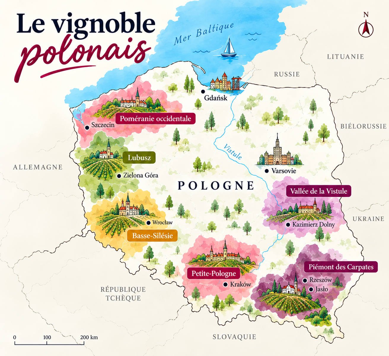 Carte des principales régions viticoles de Pologne