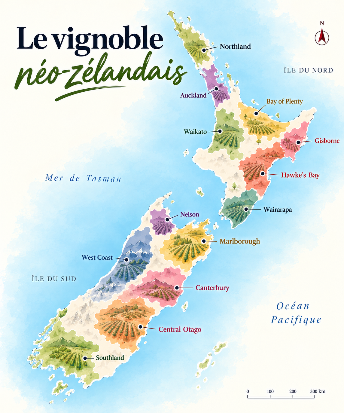 Carte des principales régions viticoles de Nouvelle-Zélande