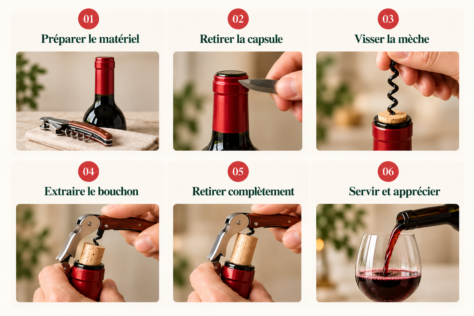 Les six étapes illustrées pour ouvrir une bouteille de vin avec un tire-bouchon de sommelier