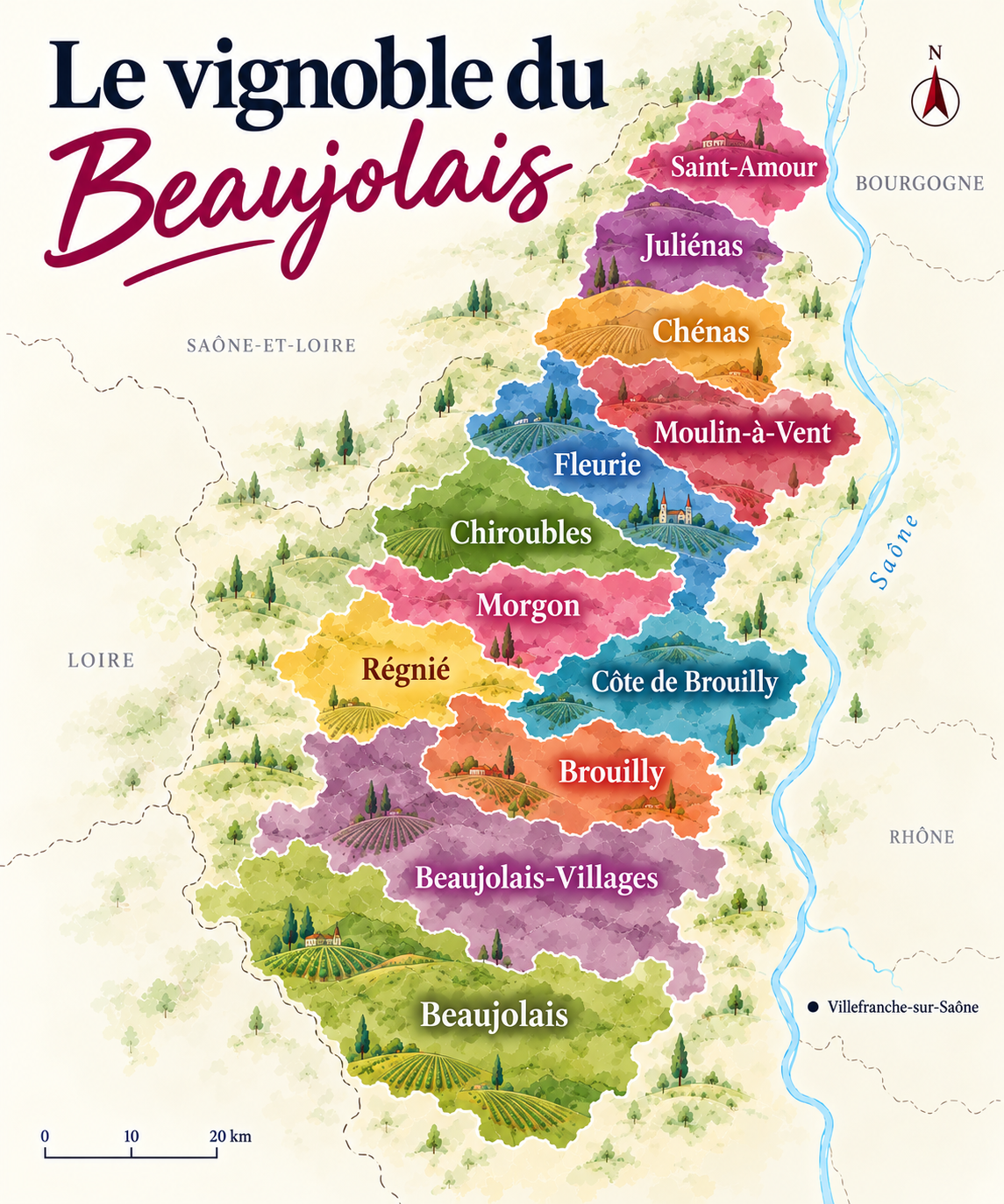 Carte des dix crus du Beaujolais