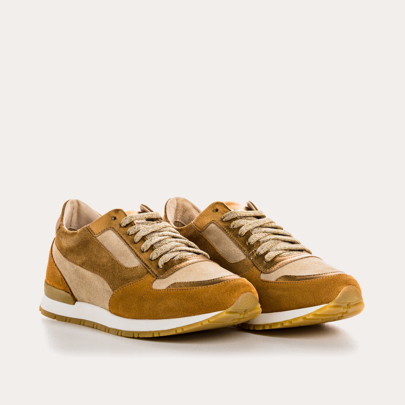 BASKETS ELECTRA MIX PEAU SAFRAN CAMEL REQINS Chaussures BASKETS