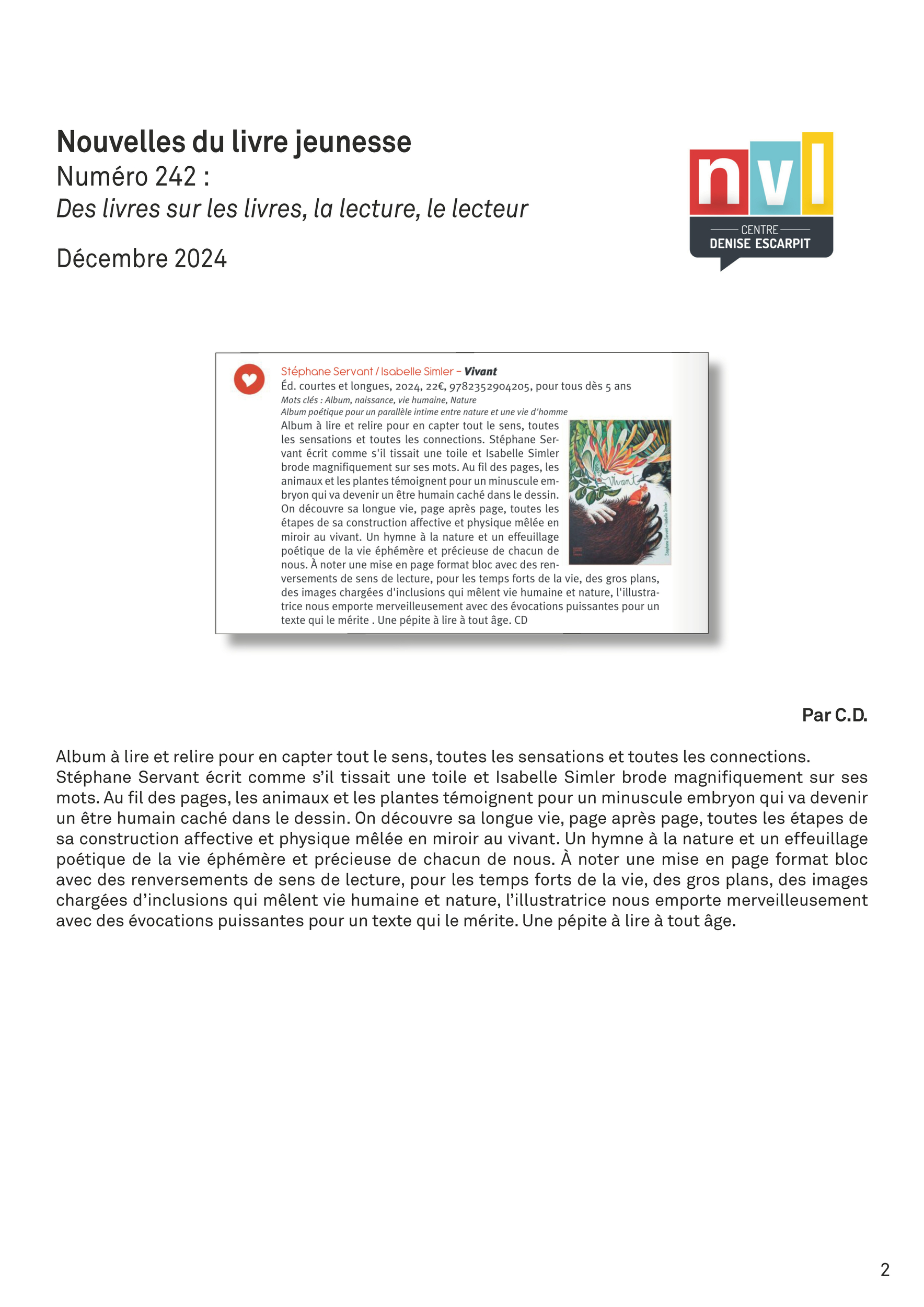 Revue de presse jpeg Vivant - Nouvelles du livre jeunesse