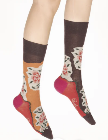 Chaussettes Laine peignée - Fleurs sur fond orange et bordeaux - Berthe aux Grands Pieds