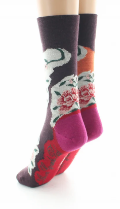 Chaussettes Laine peignée Fleurs sur fond orange et bordeaux