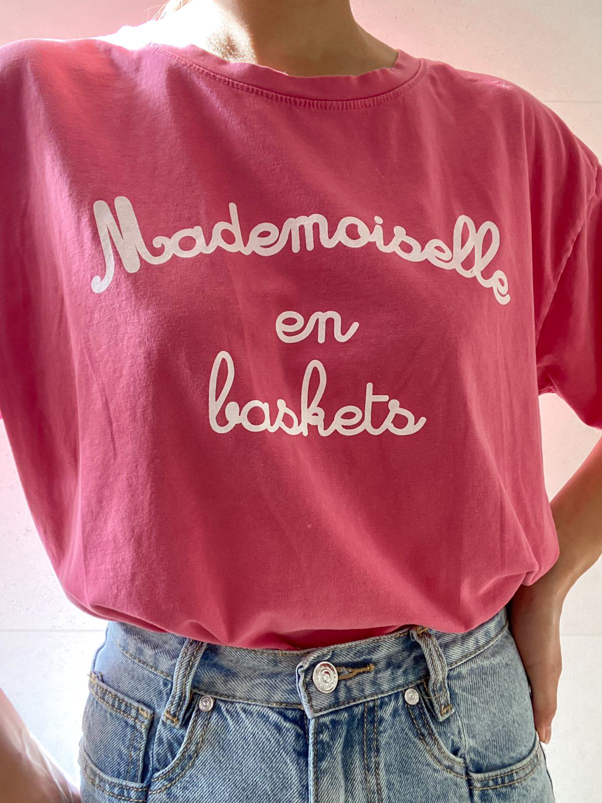 TSHIRT COL V MADEMOISELLE EN BASKET - LIN/COTON BLANC/BLEU - HAUTS/TOP