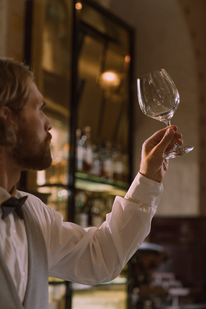 barman regardant et verifiant un verre de vin