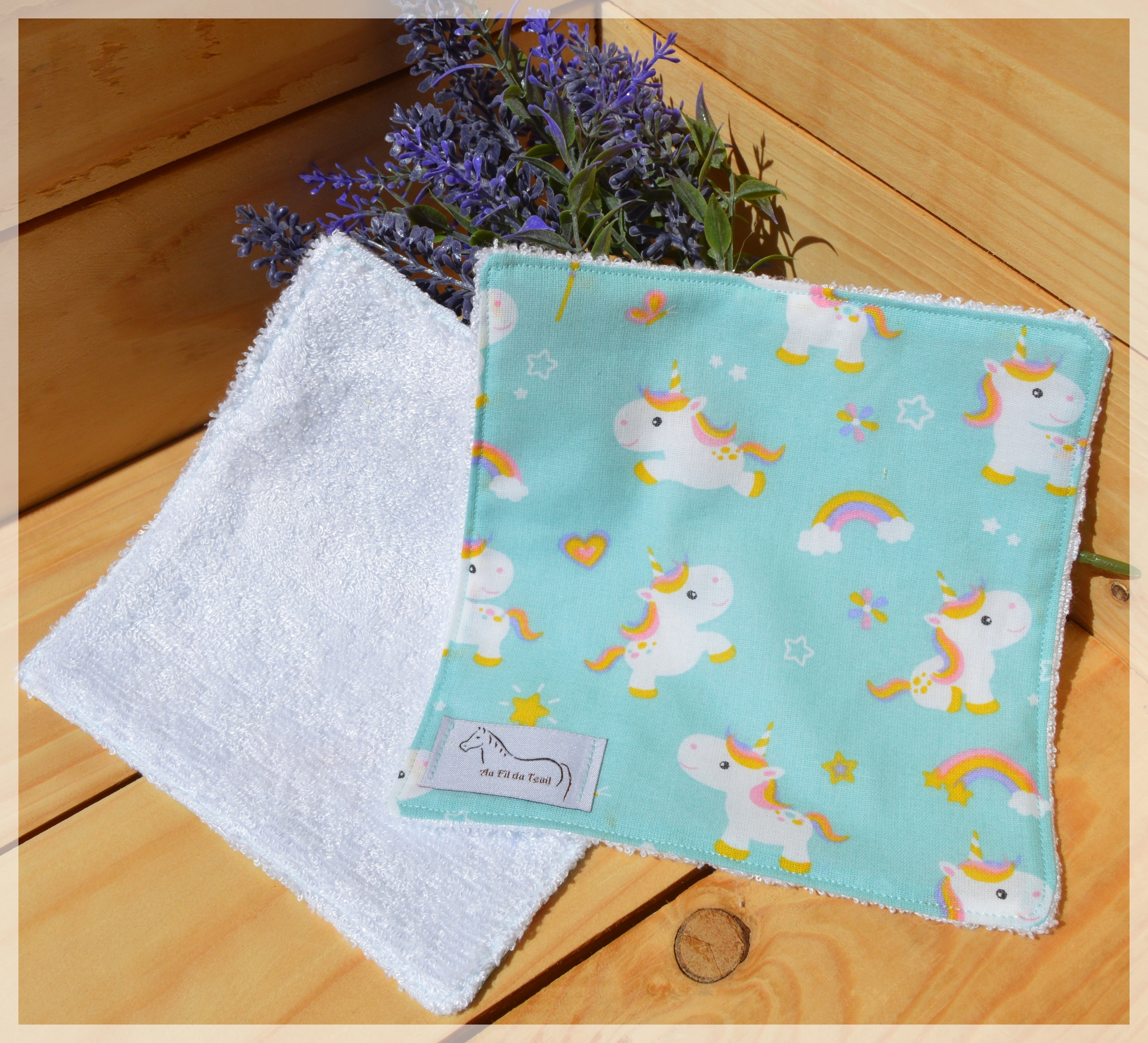 lot 2 lingettes chevaux Calissa bleu blanc