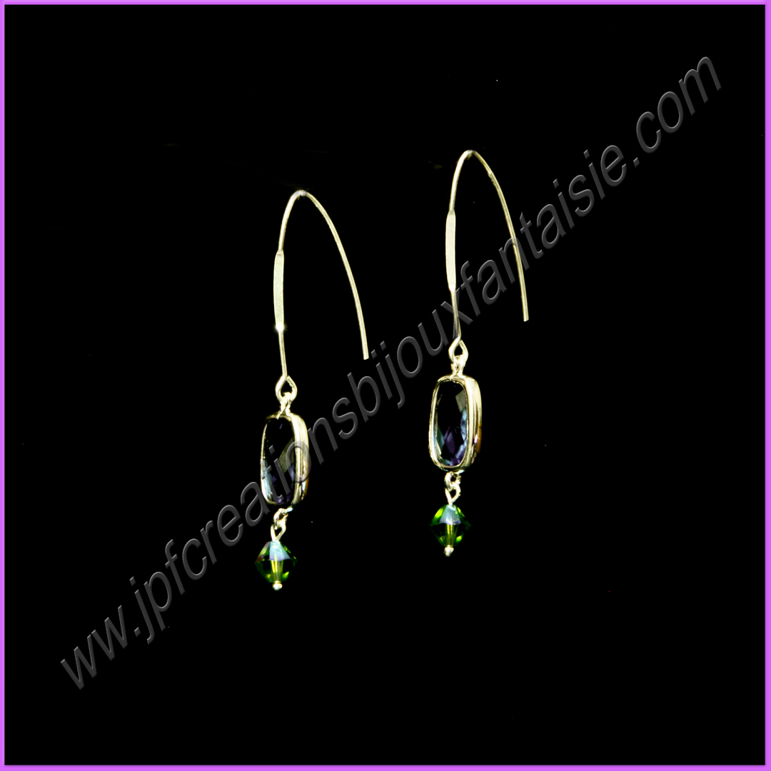 boucles d'oreilles cristal bleu montées sur crochets d'oreilles fil