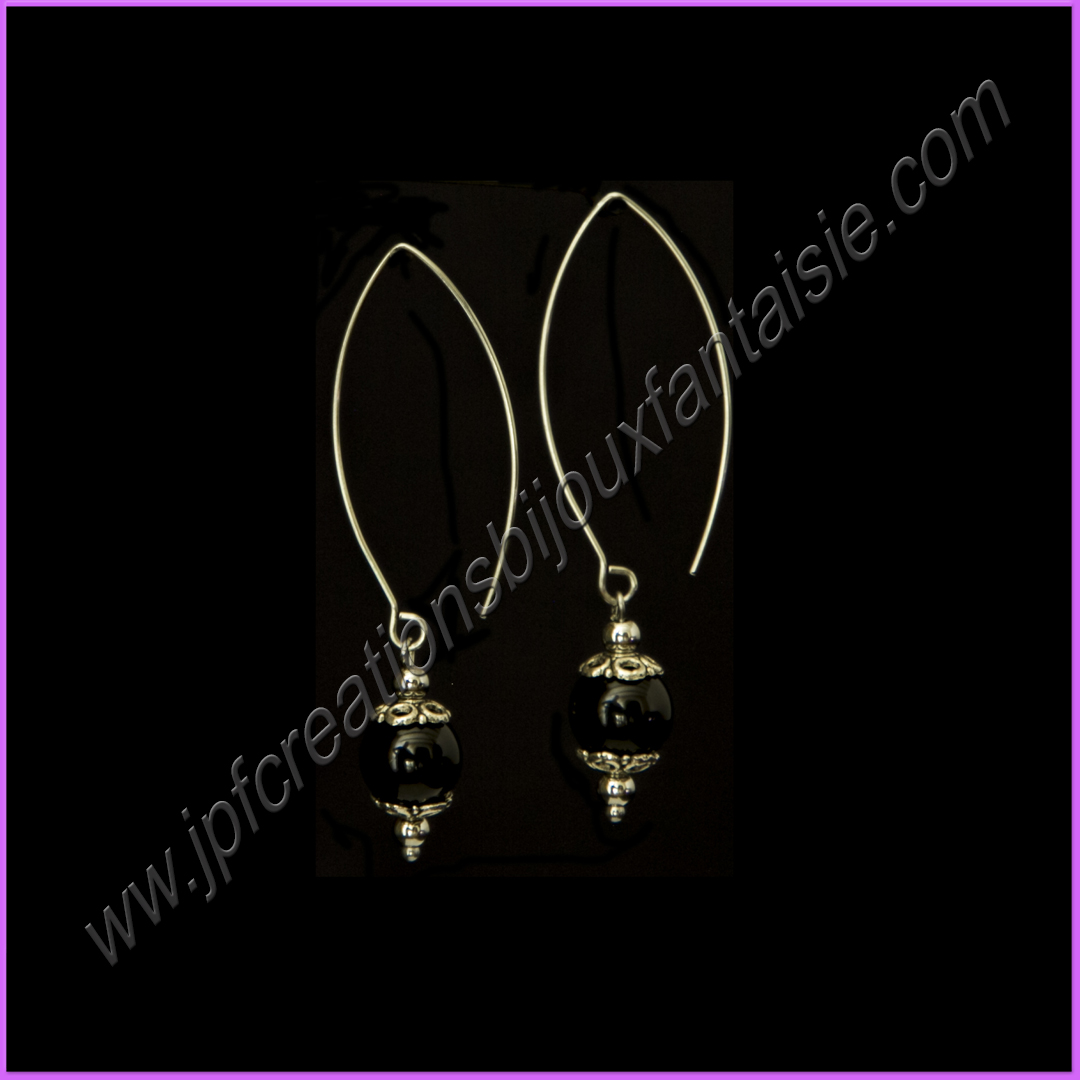 Boucles d\'oreilles perles boules obsidienne noire 8mm et acier inoxydable - BO1315