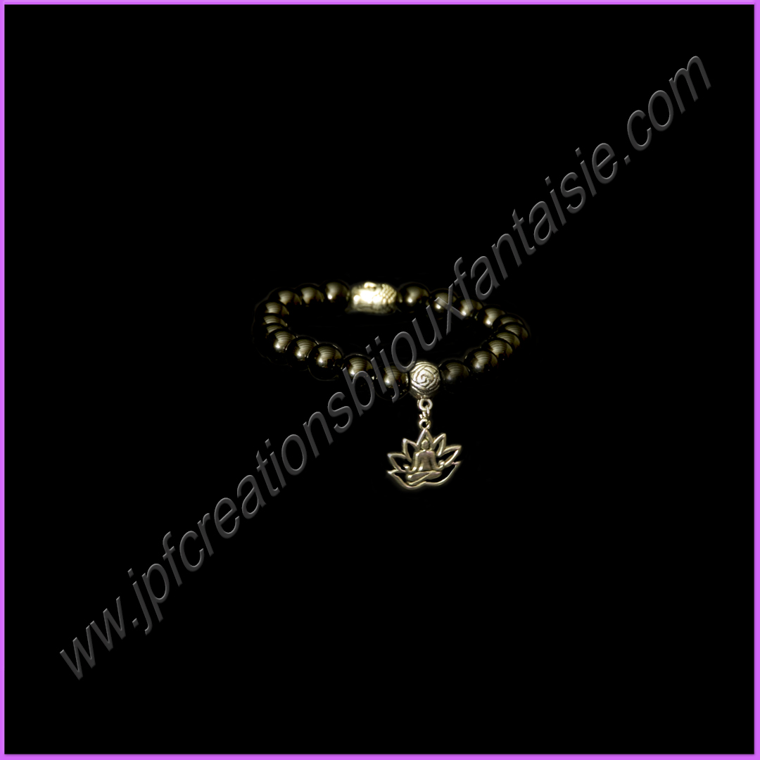 Bracelet obsidienne noire, bouddha argenté et pendentif fleur de lotus argenté