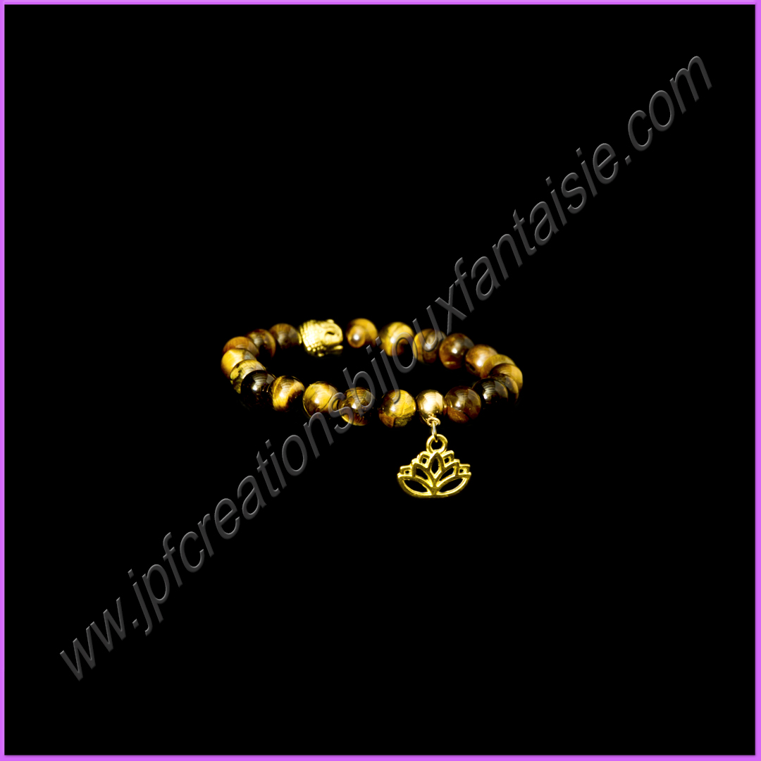 Bracelet oeil du tigre, bouddha doré et pendentif fleur de lotus doré