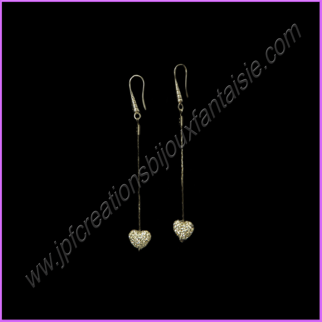 Boucles d'oreilles fil métal argenté et coeur strass