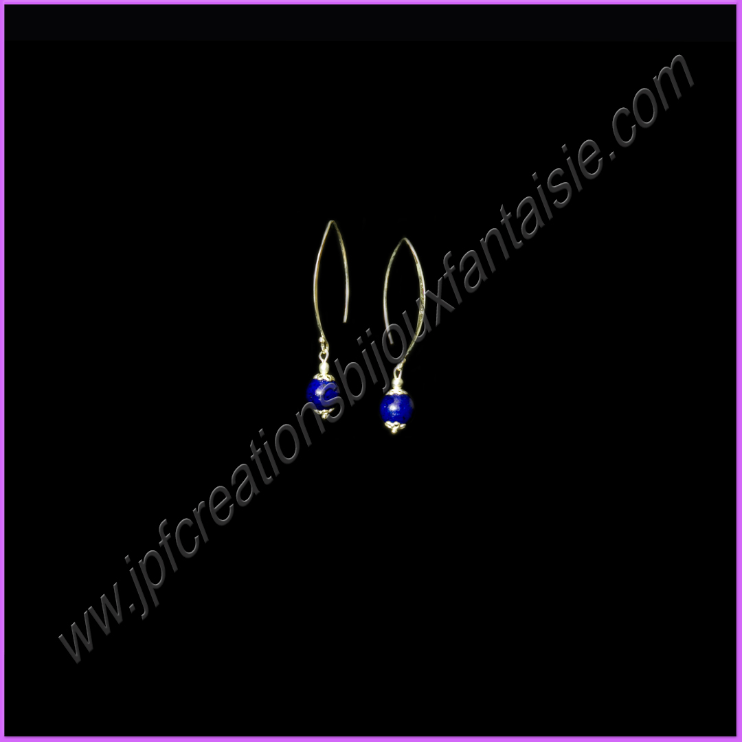 Boucles doreilles acier inoxydable argenté, perles lapis lazuli montées sur crochets doreilles fil