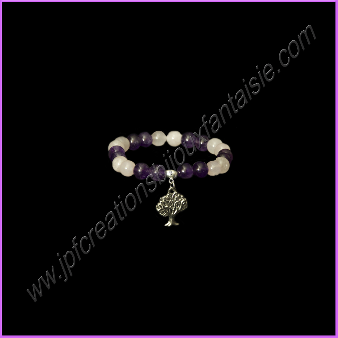 Bracelet améthyste, quartz rose et arbre de vie en métal argenté