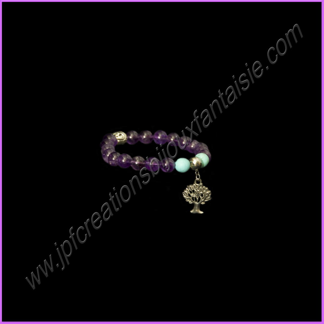 Bracelet améthyste, turquoise, arbre de vie et bouddha en métal argenté