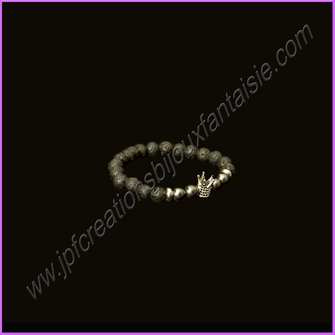Bracelet perles de lave, hématite et couronne métal argenté et strass noir