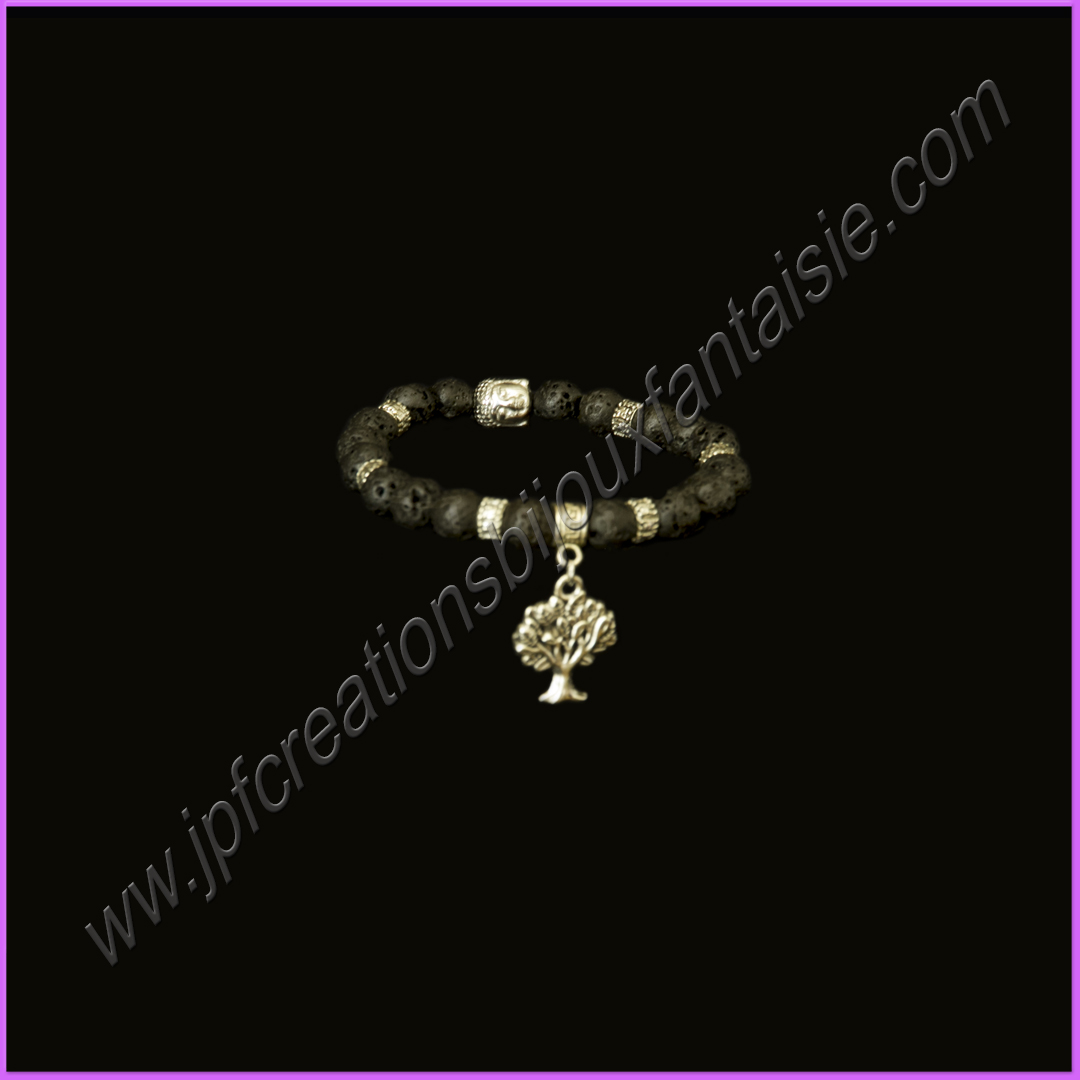 Bracelet perles de lave, perle bouddha et perles acier inoxydable et pendentif arbre de vie métal argenté