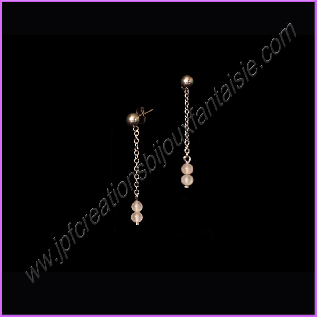 Boucles d\'oreilles acier inoxydable et perles boules quartz rose 4mm - BO1319
