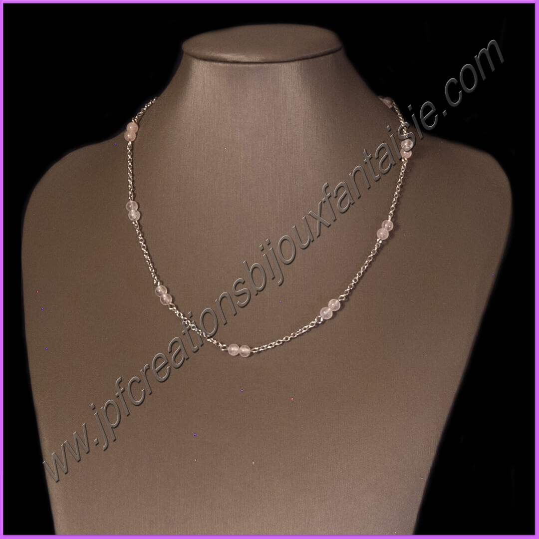 Collier quartz rose et acier inoxydable