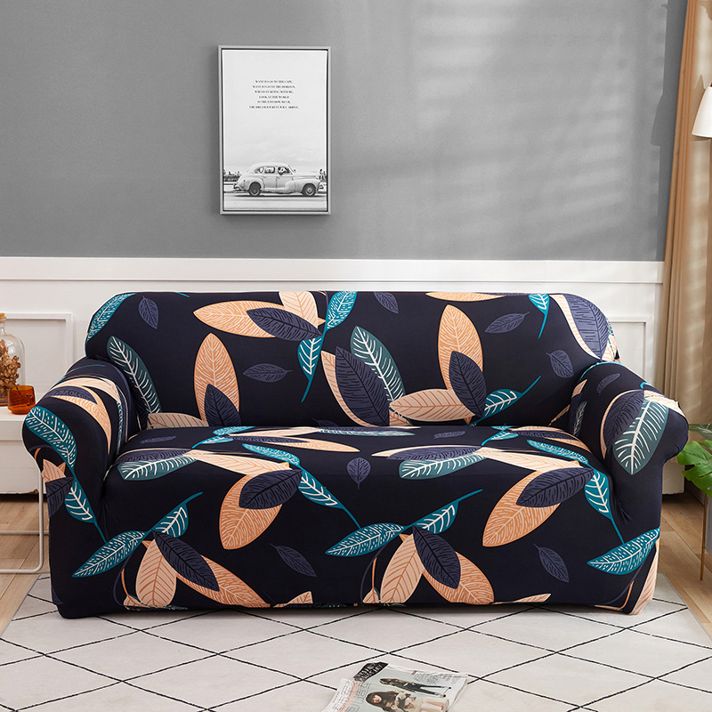 Housse de canapé bleu marine / orange à motifs feuilles