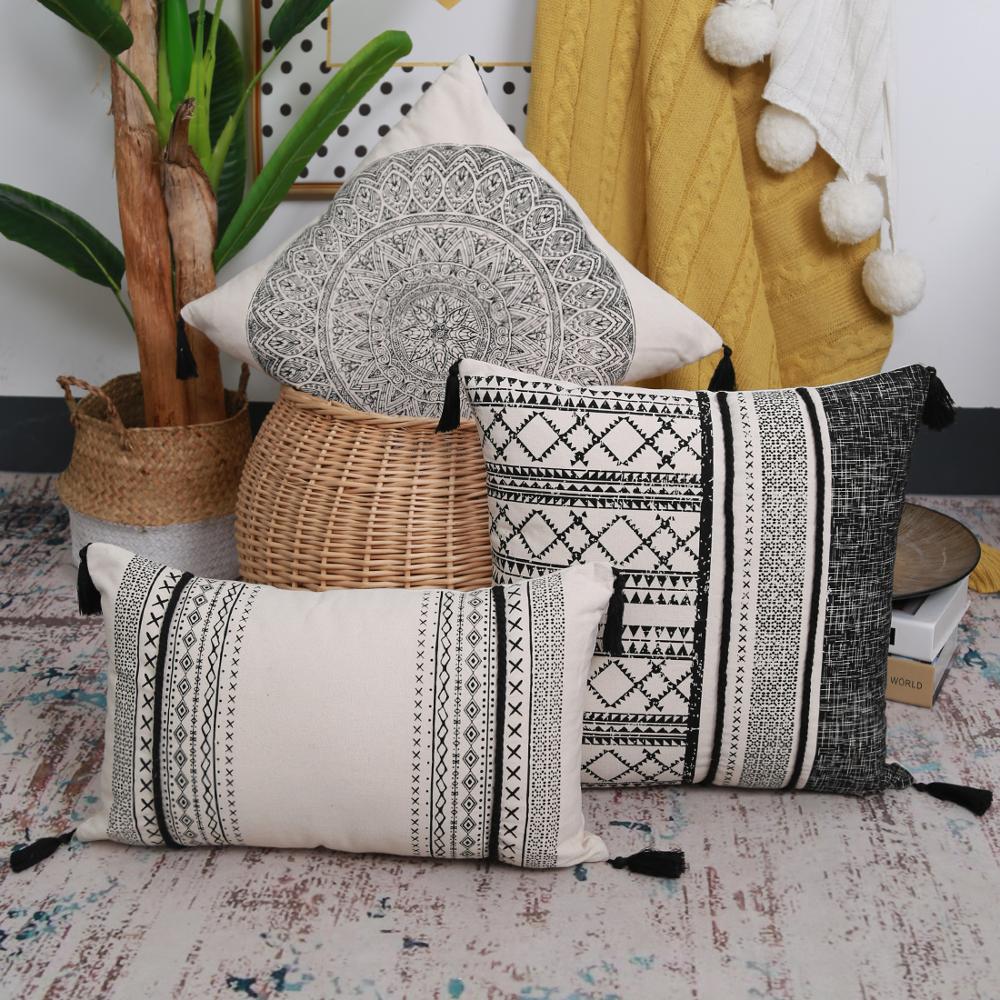 Vintage-Black-Cushion-Cover-Cotton-Pillow-Cover-45x45cm-30x50cm-With-Tassles-for-home-decoration-Living-Room