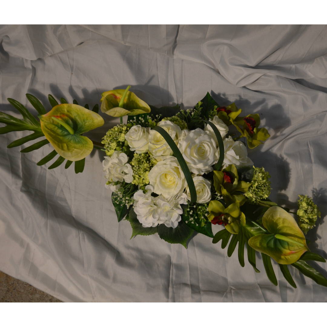 dessus 1 de cercueil Rose blanche et Anthurium vert