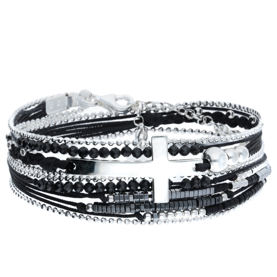 NEW BRACELET CORDON DOUBLE TOURS NOIR CROIX