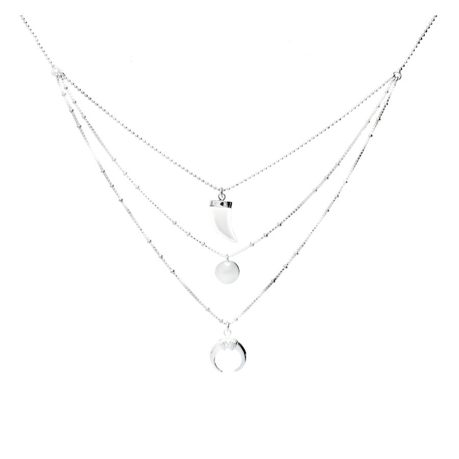 COLLIER TRIPLE RANGS PASTILLE CORNE ARGENT ET CORNE BLANCHE